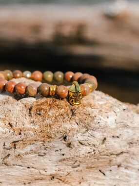 Beaded Stretch Bracelet with Gold Helmet Charm - Earth Tones